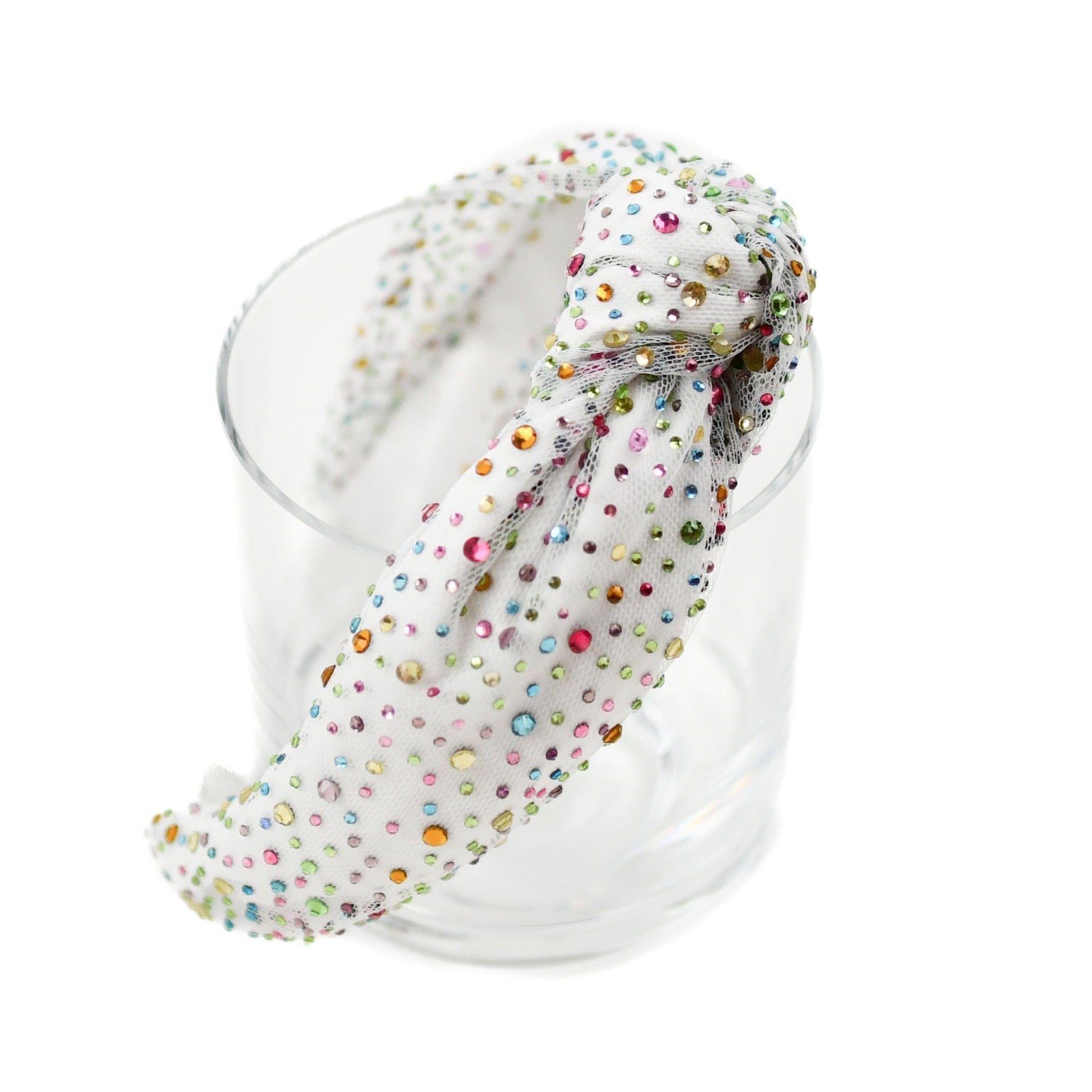Bari Lynn Tulle Jeweled Knot Headband- White Pastel