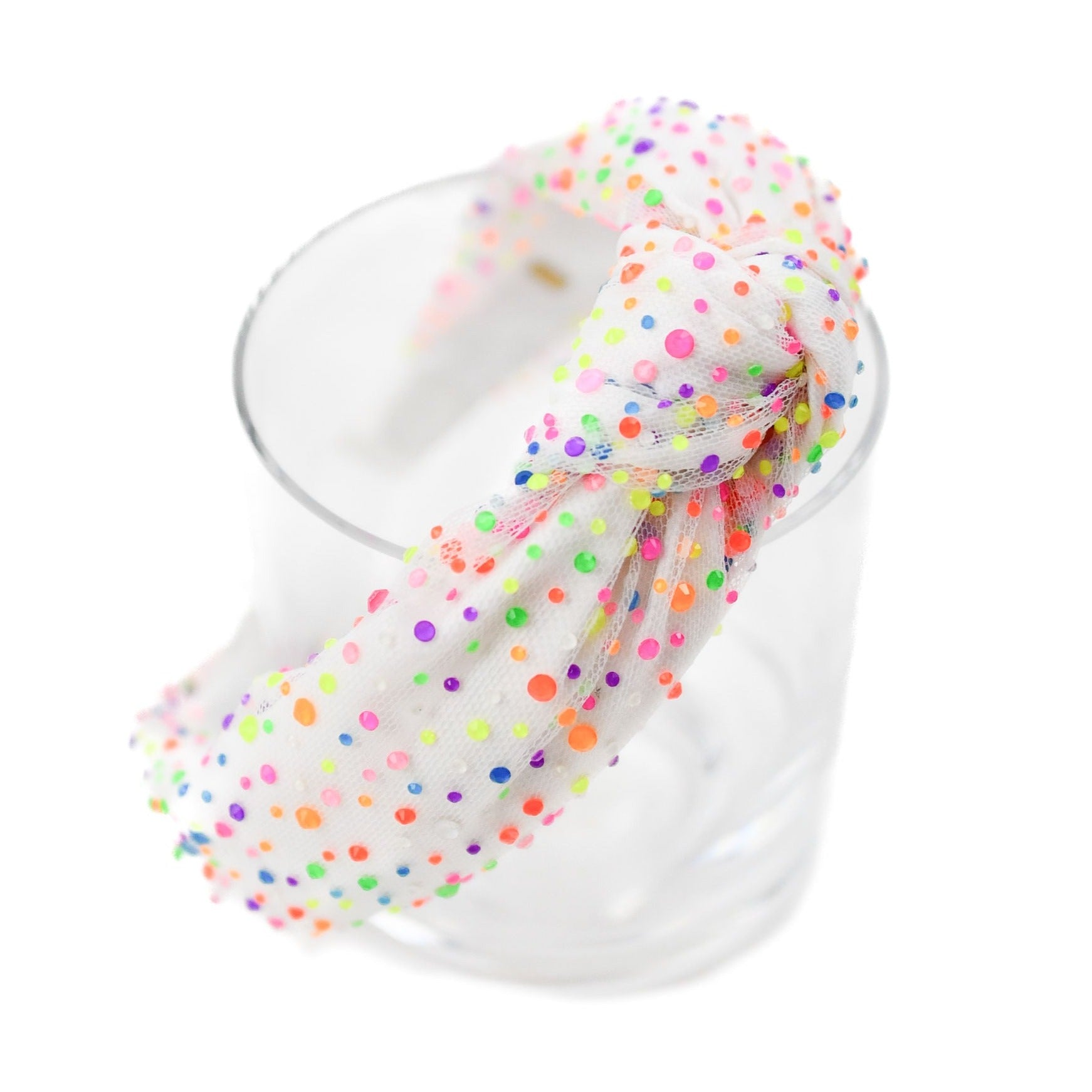 Bari Lynn Tulle Jeweled Knot Headband- White Neon