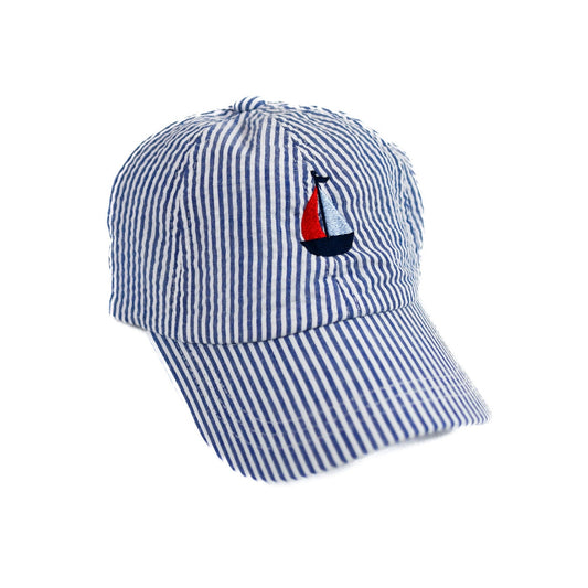 Wee Ones Denim Embroidered Seersucker Ball Cap - Sailboat