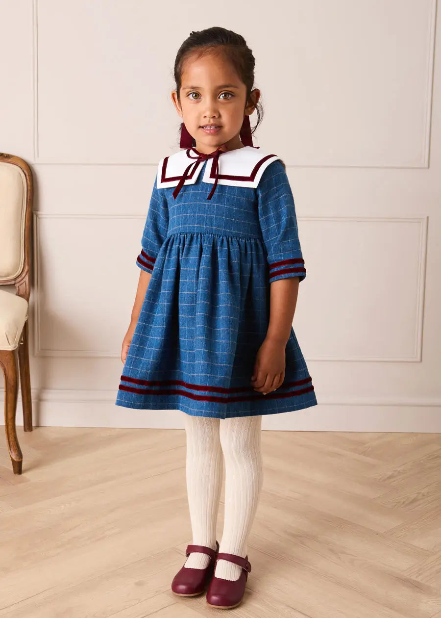 Moreton Check Mariner Collar Velvet Detail Dress in Blue