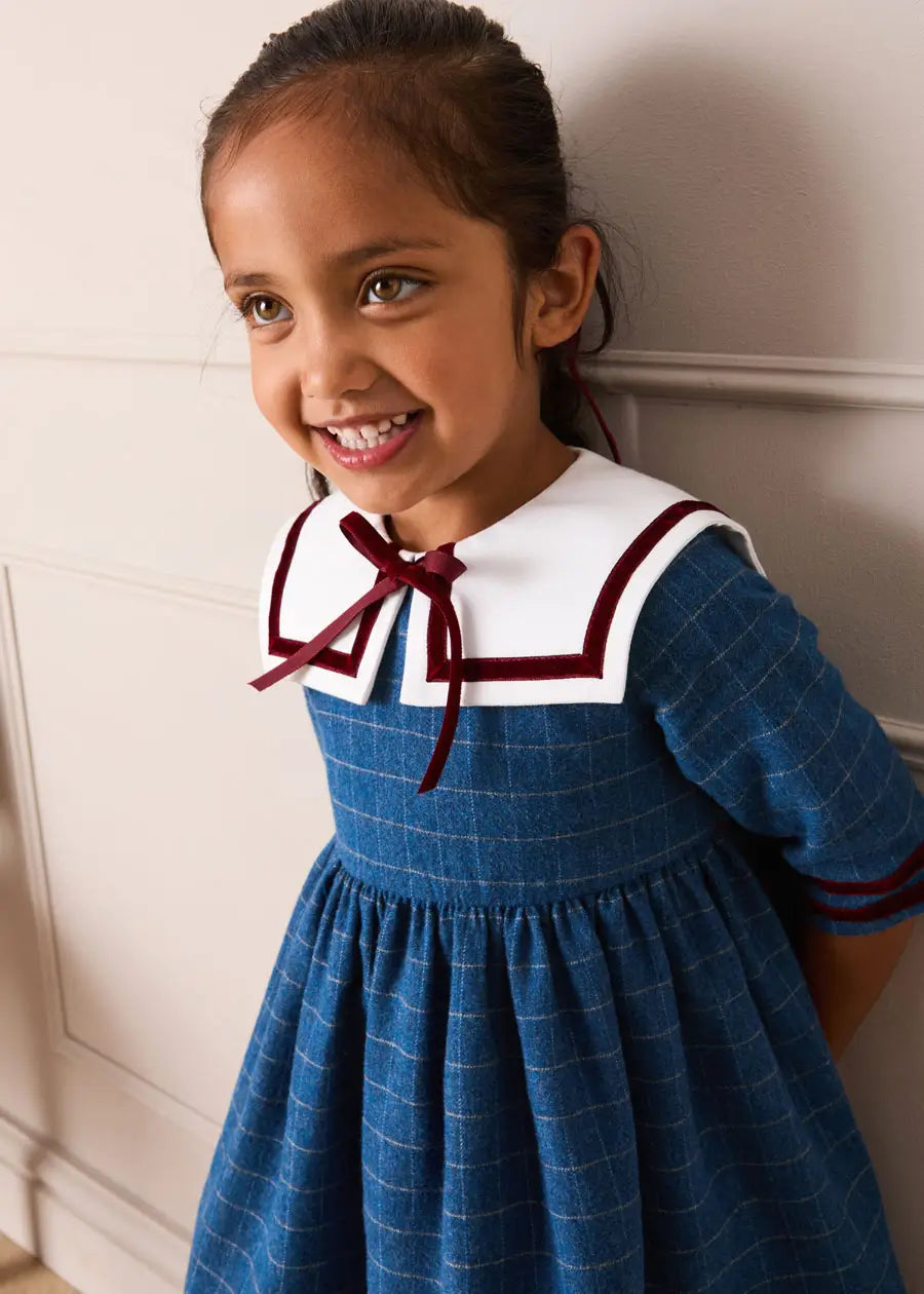 Moreton Check Mariner Collar Velvet Detail Dress in Blue