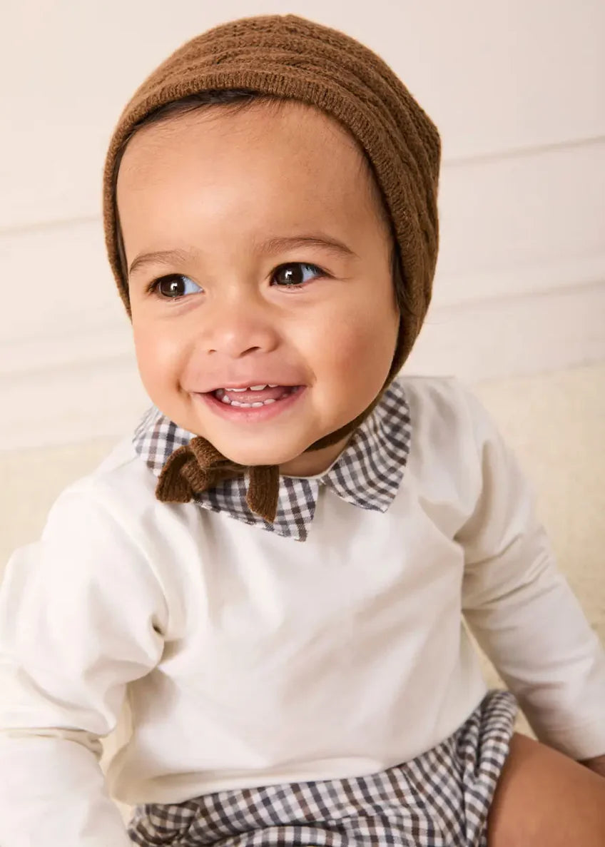 Cadogan Houndstooth Collar Long Sleeve Bodysuit in Brown