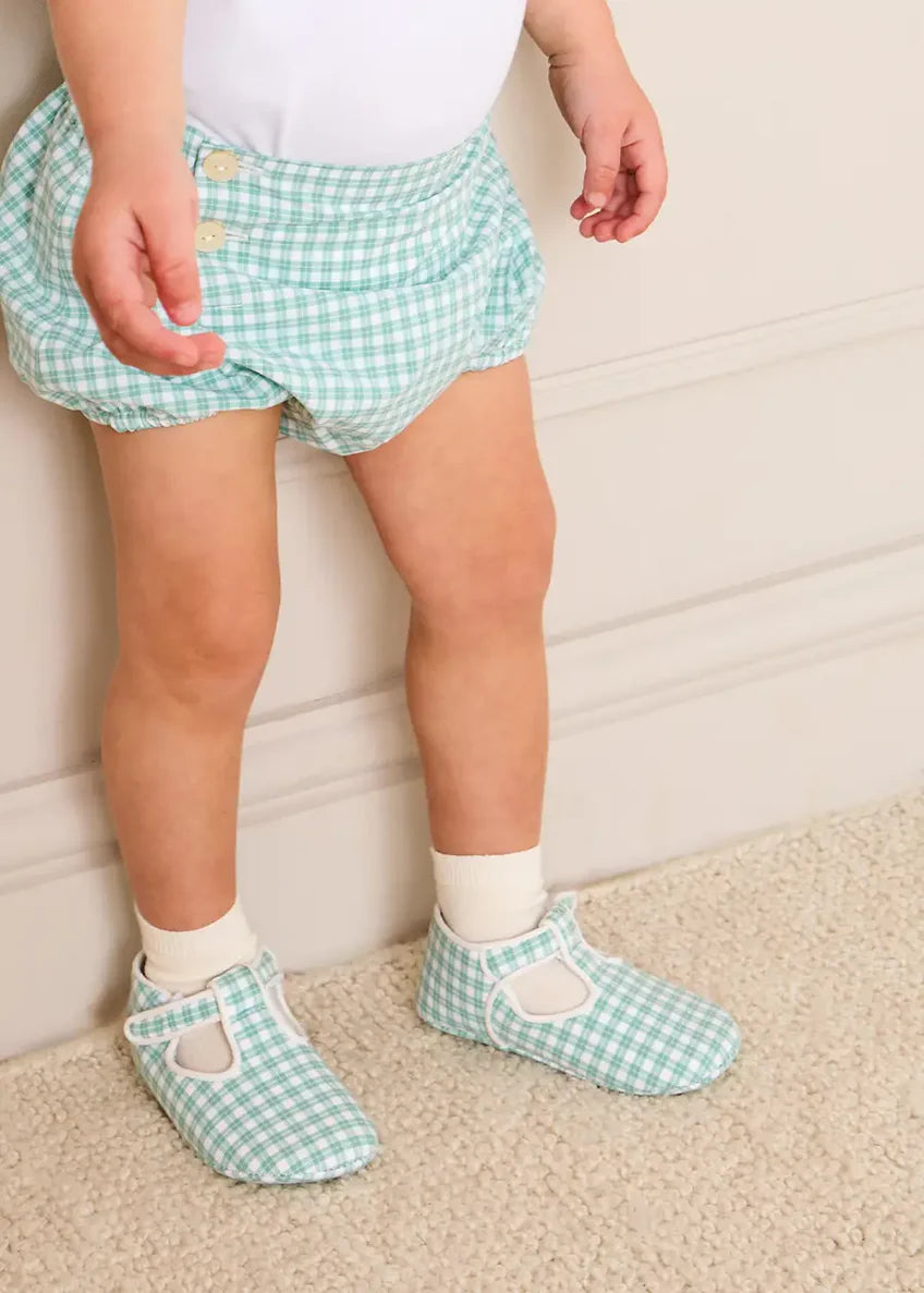 Lucas Check T-Bar Pram Shoes in Green