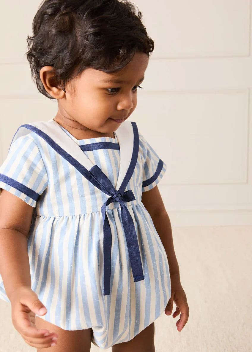 Regency Stripe Mariner Collar Bow Detail Romper in Blue