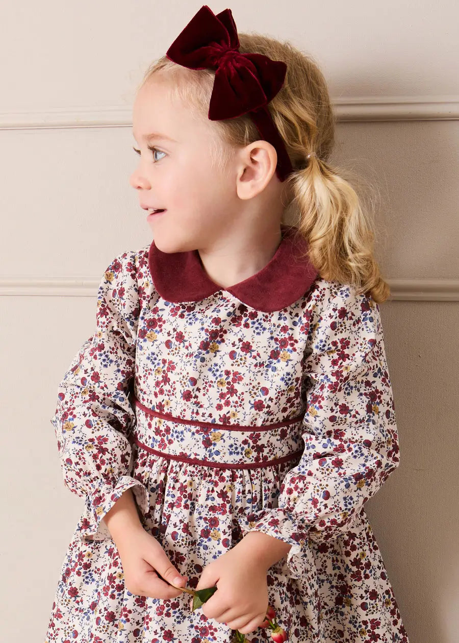 Pepa London Louisa Floral Velvet Collar Long Sleeve Dress in Burgundy