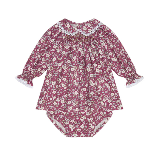 La Coqueta Burgundy Floral Palma Baby Girl Hand-Smocked Set