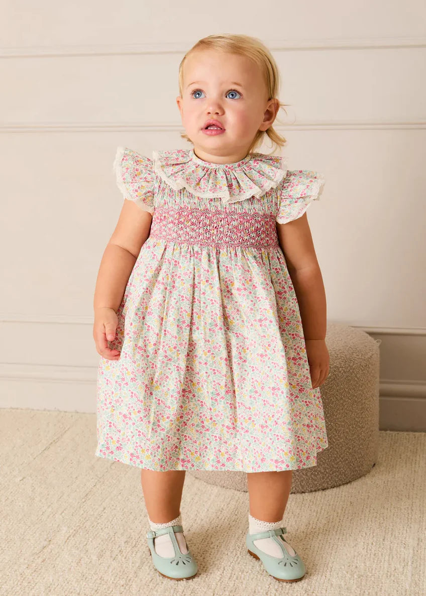 Adelaide Floral Hand Smocked Ruffle Collar Cap Sleeve Dress With Bloomers in Pink