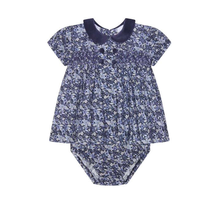 La Coqueta Navy Floral Arcadia Baby Girl Hand Smocked Set