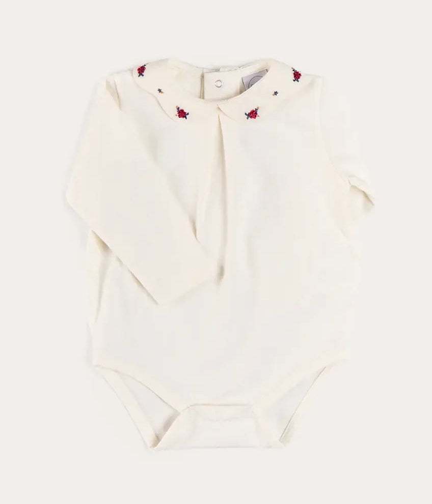 Pepa London Flower Embroidered Collar Long Sleeve Bodysuit in Red