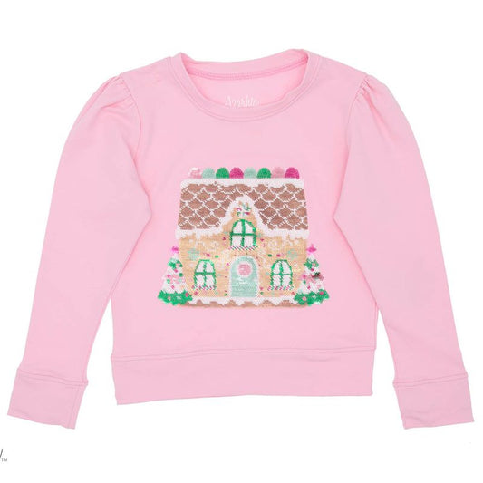 Sequin Gingerbread House Sweatshirt - Pink