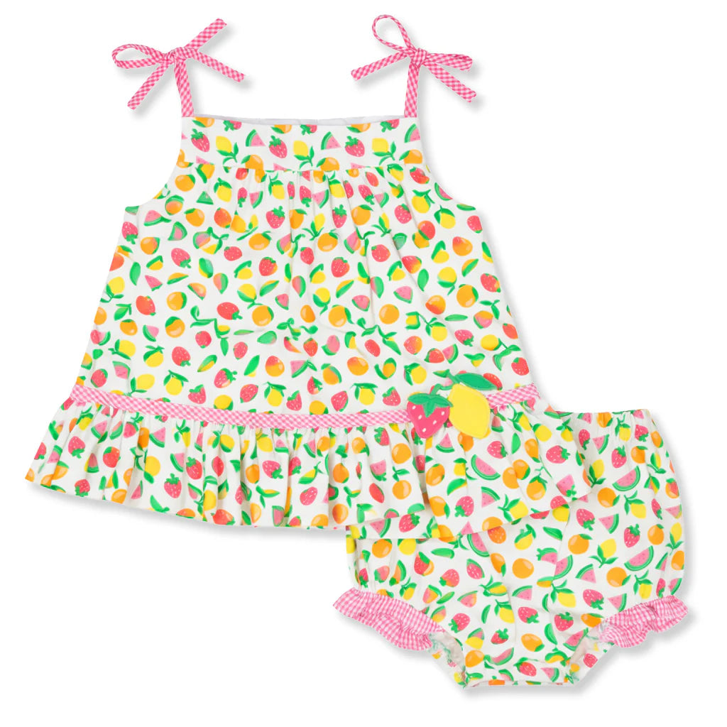 Florence Eiseman Printed Seersucker Dress and Bloomers With Fruit