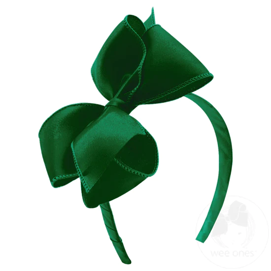 Wee Ones King Jewel Satin Hair Bow on Headband- Forest Green