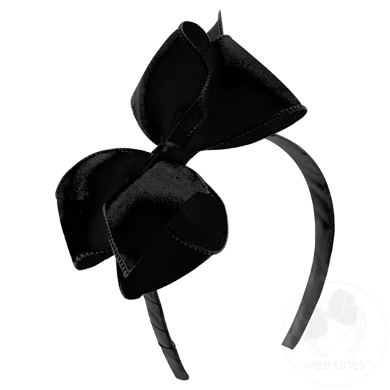 Wee Ones King Jewel Satin Hair Bow on Headband- Black