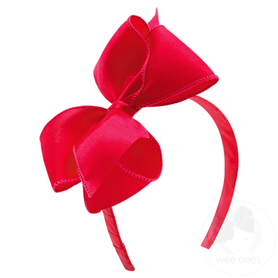 Wee Ones King Jewel Satin Hair Bow on Headband- Red