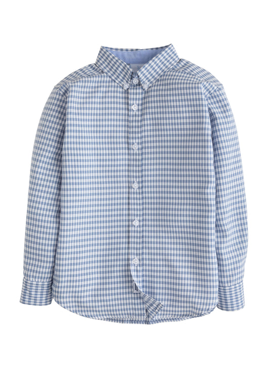Little English Button Down Shirt- Gray Blue Gingham