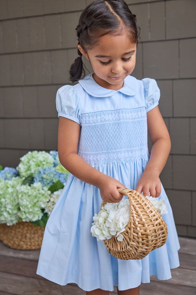 Smocked Emery Dress- Light Blue With White