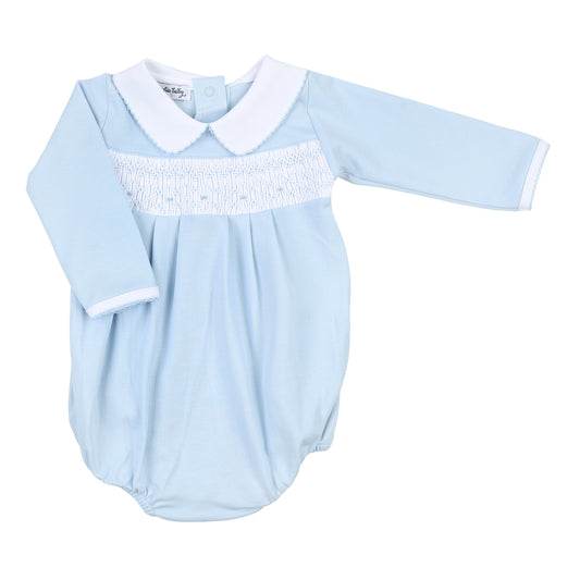 Sophia and Oliver Smocked Collared Long Sleeve Boys Bubble made by Magnolia Baby.