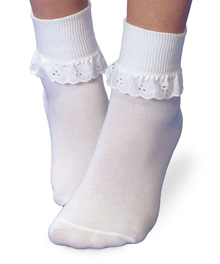 White Bow Ankle High Heels Socks, Cotton Lace Ruffle Ankle Heel