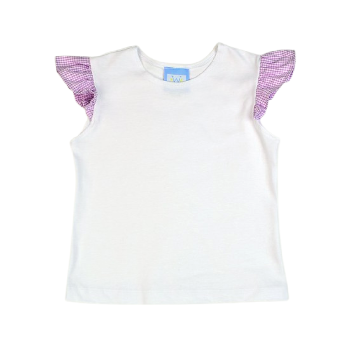 A white cotton tee shirt with a lavender seersucker angel sleeve.