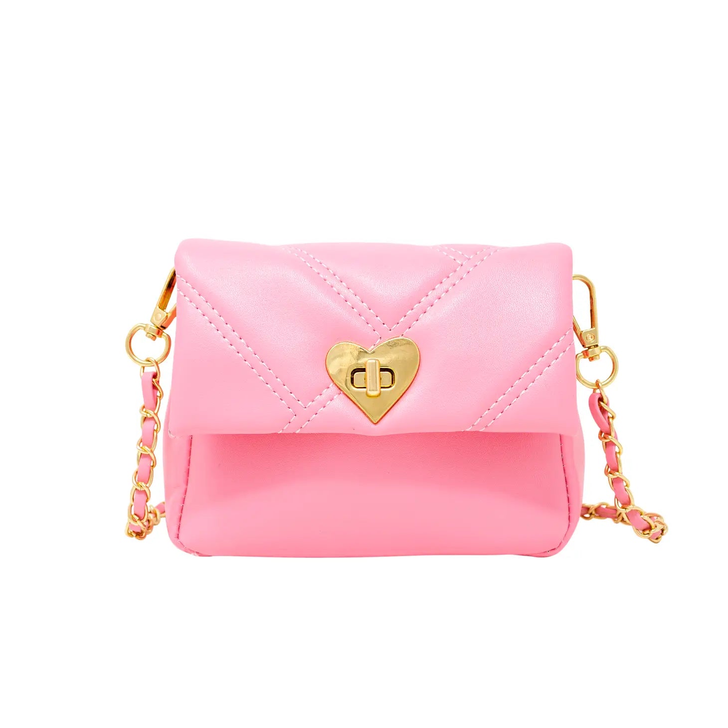 Girl's Pink Quilted Soft Heart Lock Handbag - Pink