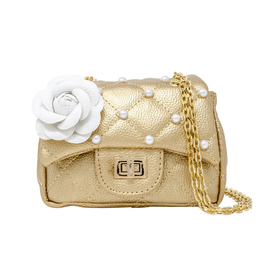 Classic Quilted Flower Pearl Handbag - Gold