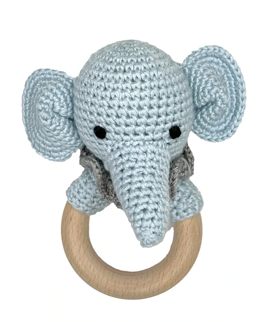 Zubles Elephant Bamboo Crochet Woodring Rattle - Blue