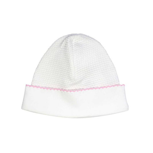 White bubble baby hat with pink picot trim made by Nellapima.