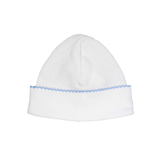 Nellapima White Bubble Baby Hat - Blue Picot Trim