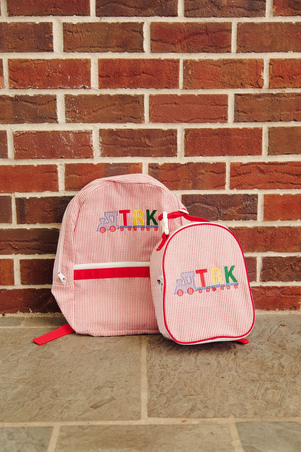 mint red seersucker backpack choo choo train monogram