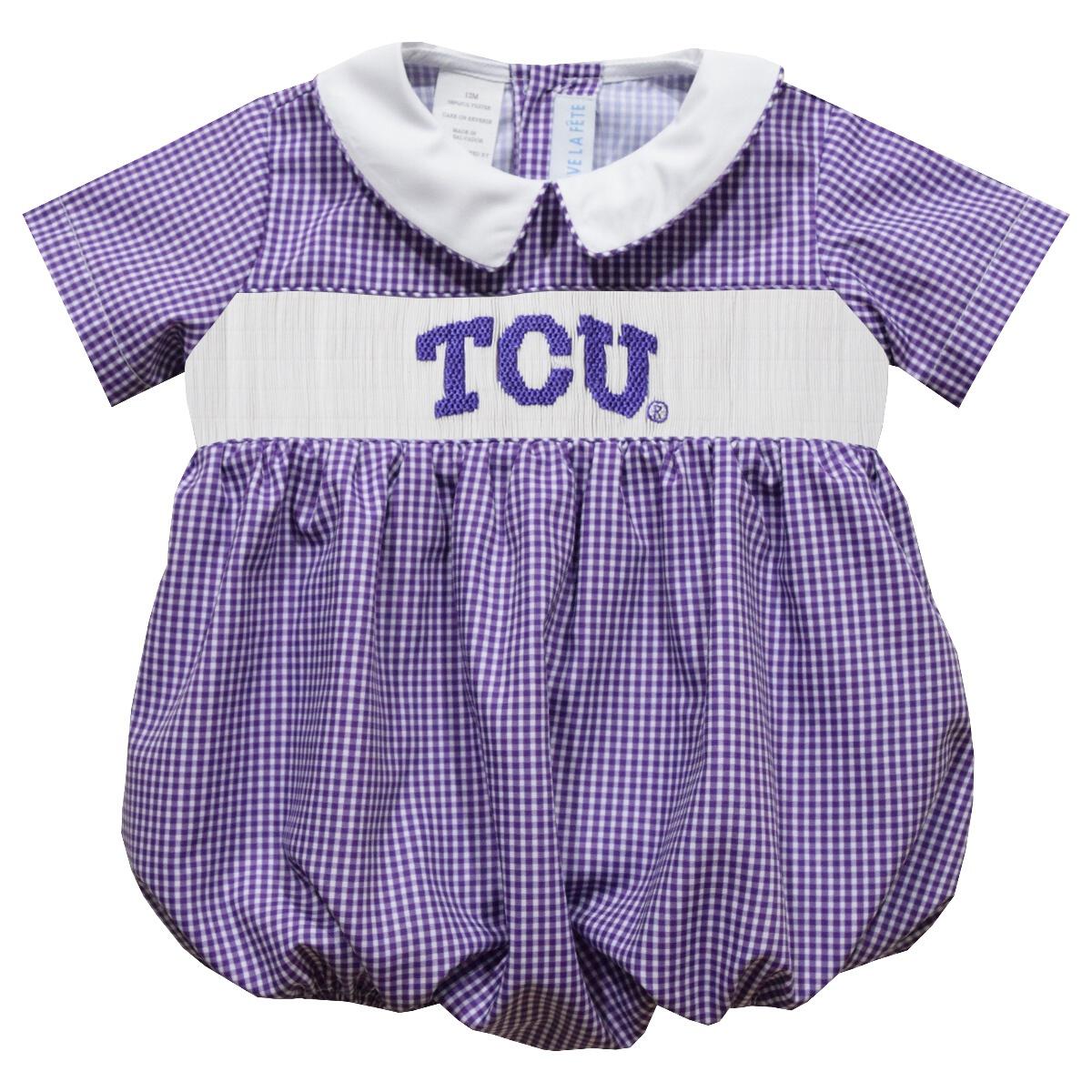 Vive La Fete TCU Horned Frogs Smocked Purple Gingham Boy Bubble