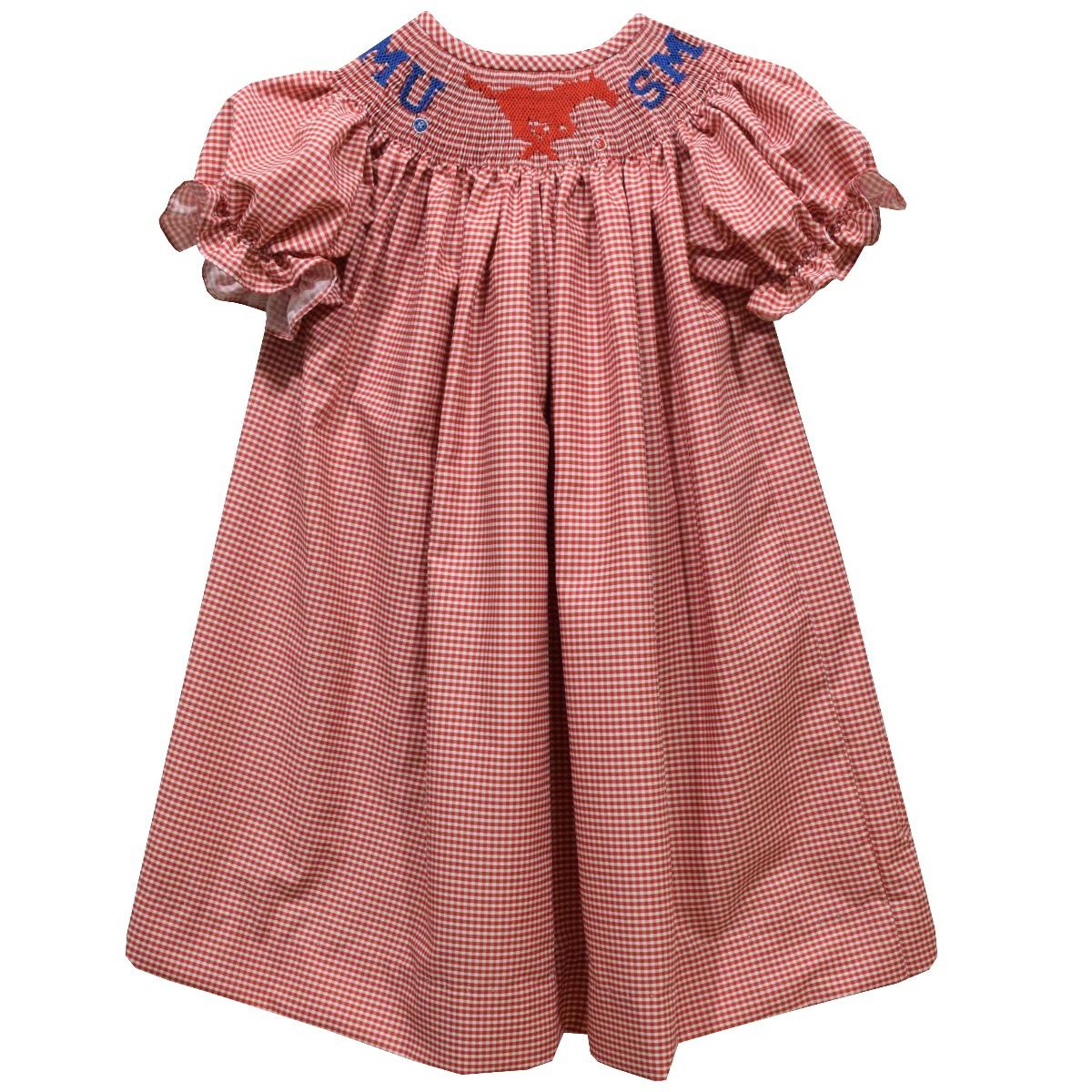 Vive La Fete SMU Mustangs Smocked Red Gingham Bishop Dress