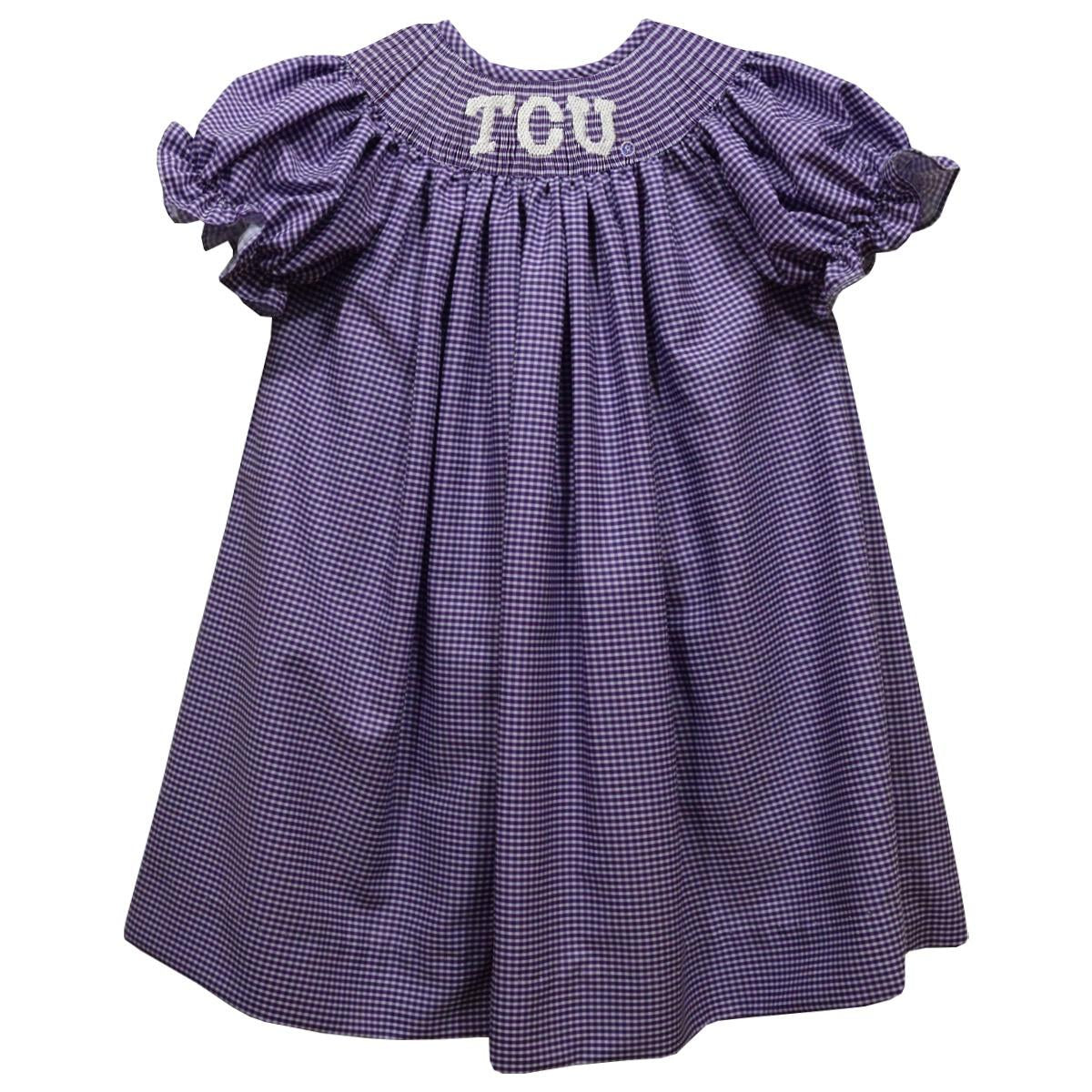 Vive La Fete TCU Horned Frogs Smocked Purple Gingham Bishop Dress