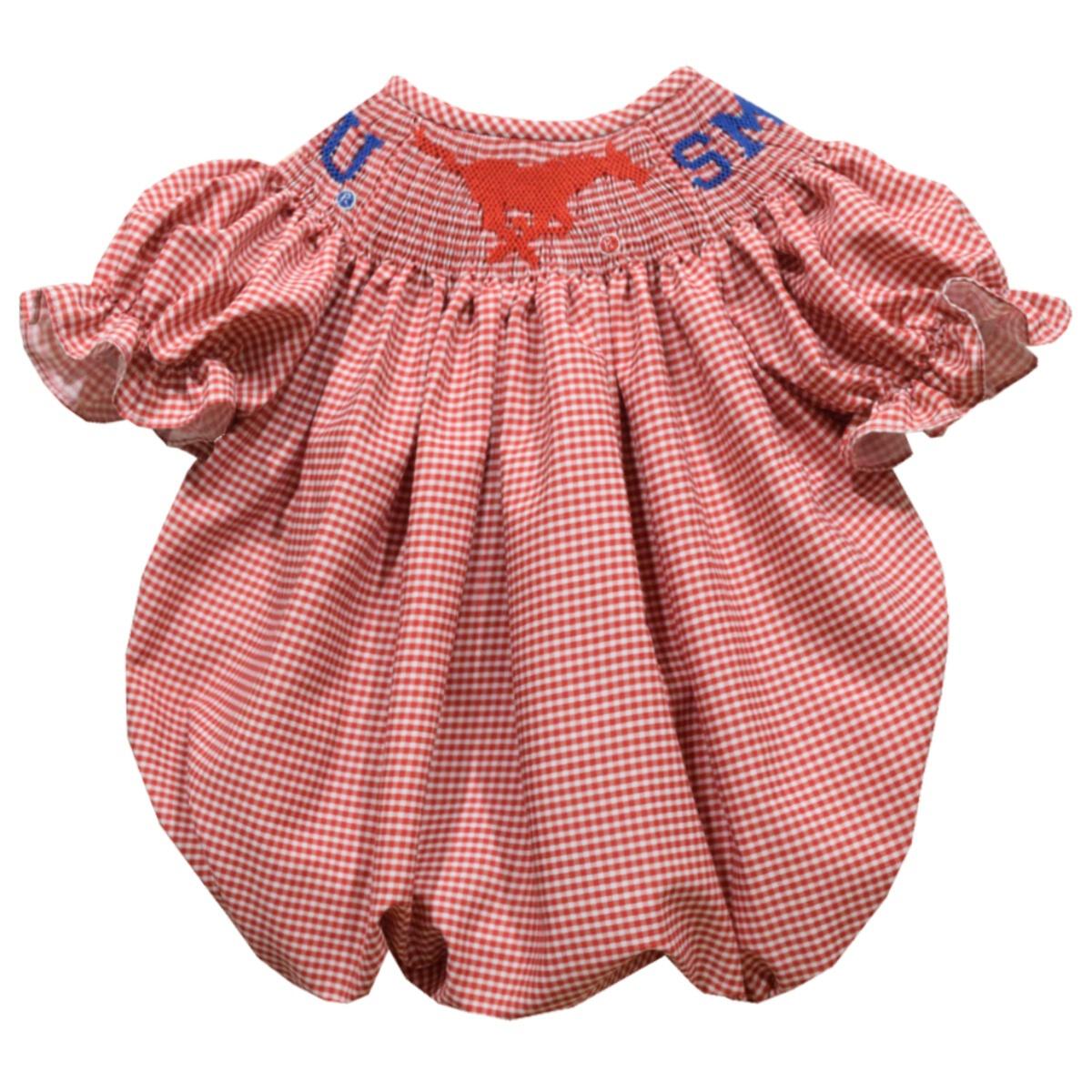 Vive La Fete SMU Mustangs Smocked Red Gingham Girl Bubble
