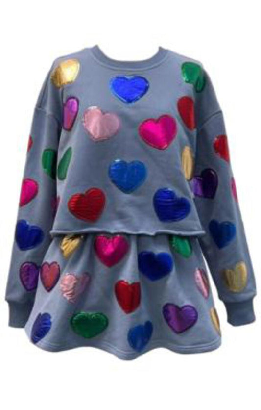 Queen of Sparkles Kid's Dusty Blue Rainbow Foil Heart Sweatshirt