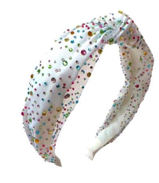 Bari Lynn Tulle Jeweled Knot Headband- White Pastel