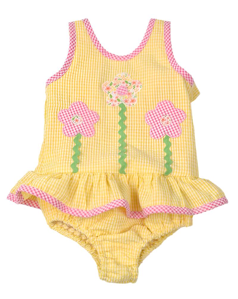 Funtasia Too Yellow Stripe Ruffle Swimsuit With Flowers