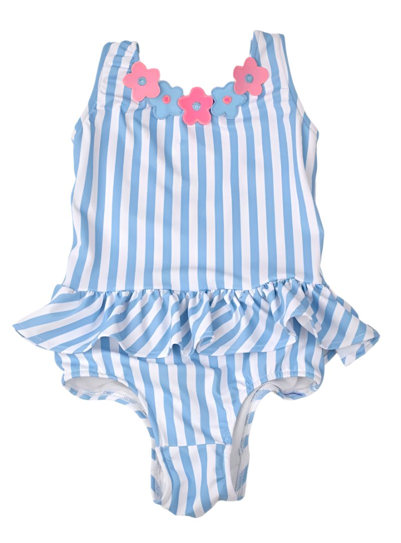 Funtasia Too Blue Stripe Ruffle Swimsuit With Flowers