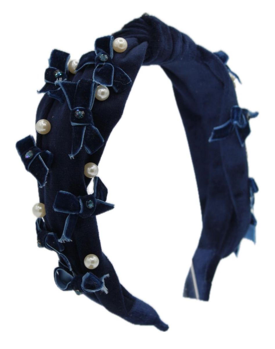 Bari Lynn Navy Velvet Multi Bow Pearl Knot Headband