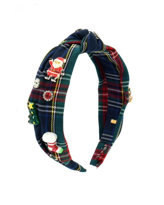 Jeweled Holiday Charm Plaid Knot Headband