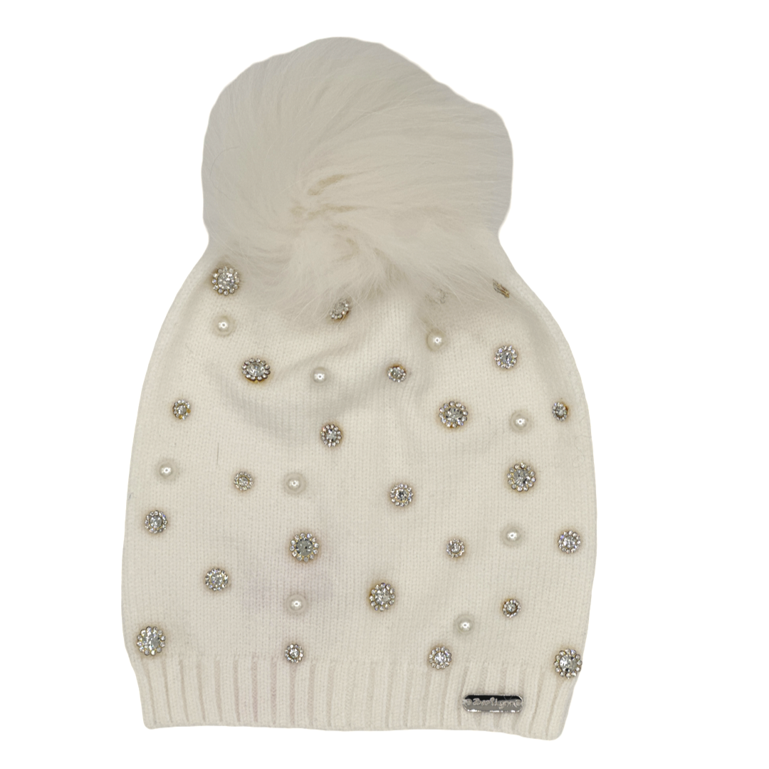 Bari Lynn Ivory Pearl and Jeweled Hat With Pom