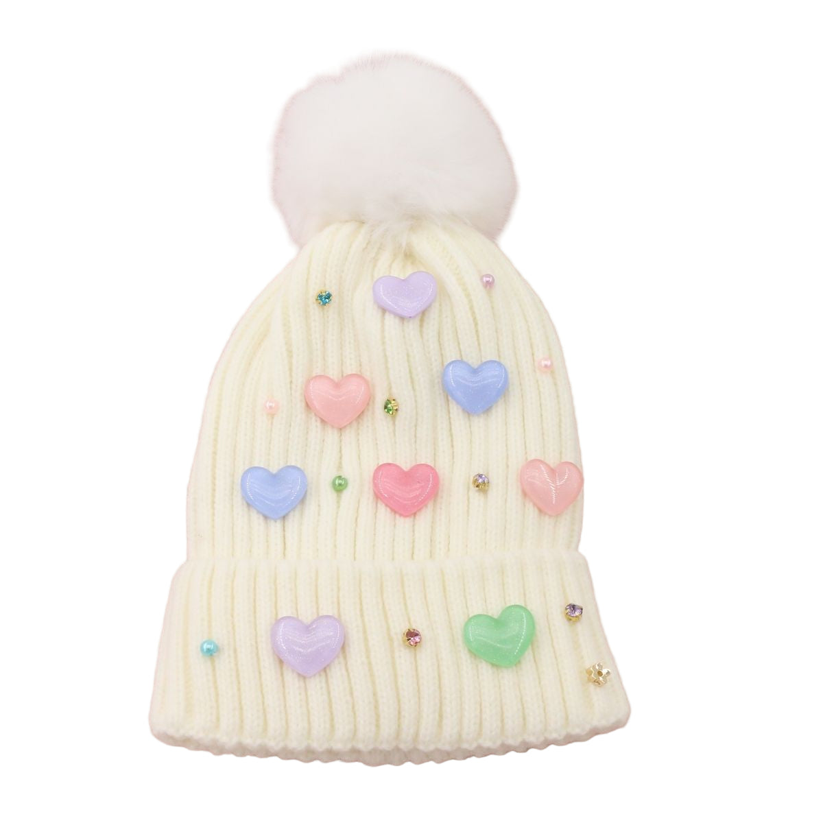 Poppyland Pom Beanie - Multicolor Hearts