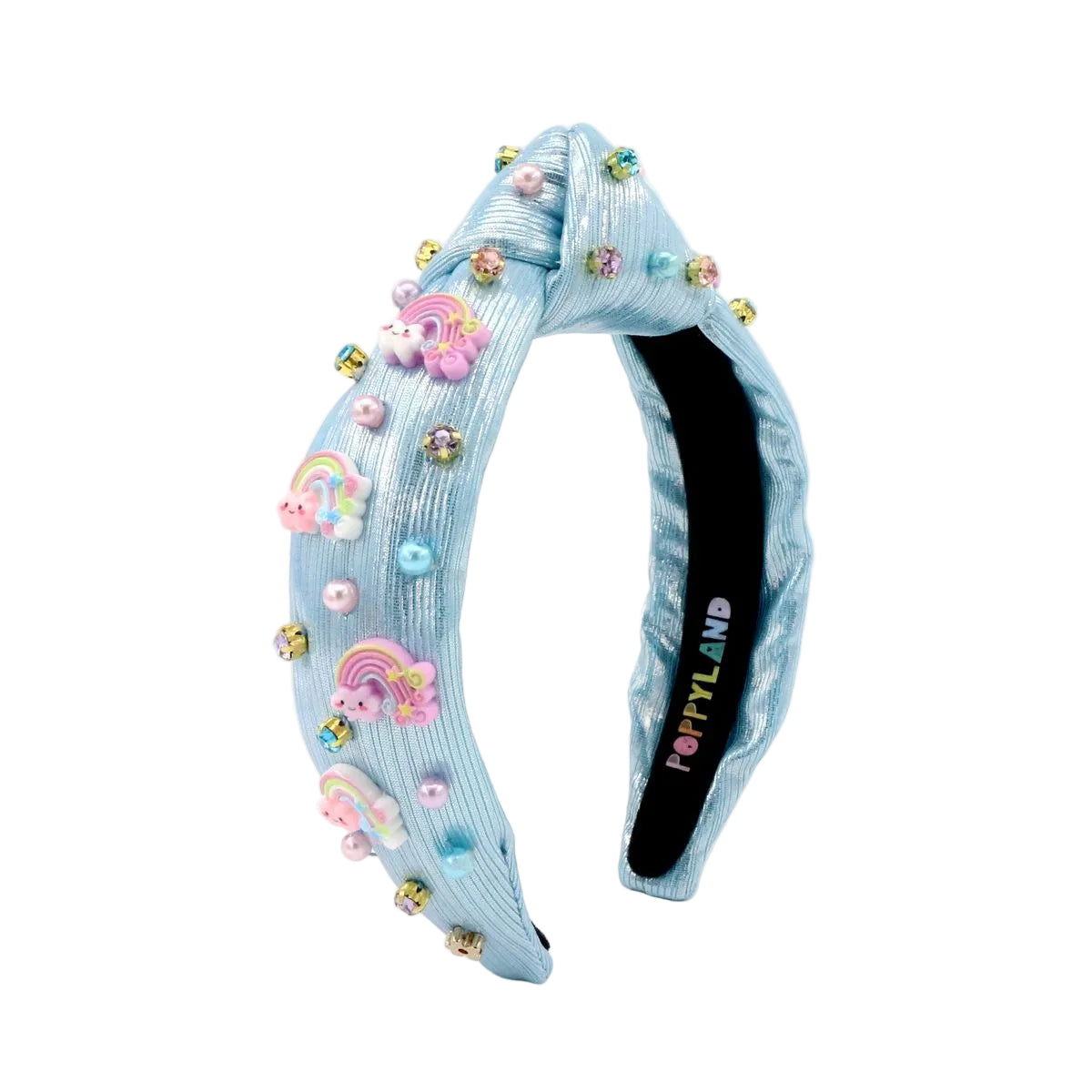 Poppyland Rainbow on Blue Shimmer Knot Headband