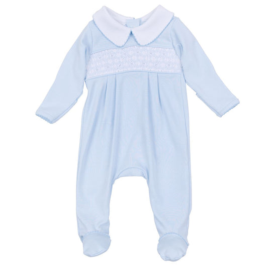 Magnolia Baby Willow and Walker Smocked Collared Footie- Light Blue