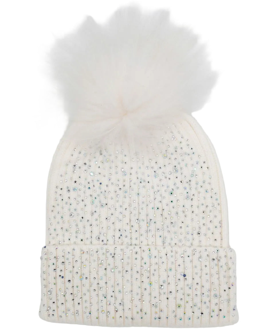 Bari Lynn Fully Crystalized Hat With Fur Pom- White