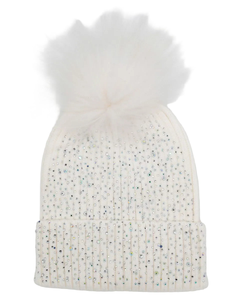 Bari Lynn Fully Crystalized Hat With Fur Pom- White