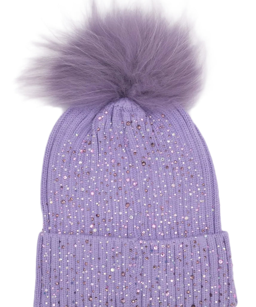 Bari Lynn Fully Crystalized Hat With Fur Pom- Lavender