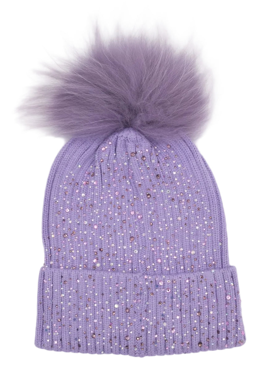 Bari Lynn Fully Crystalized Hat With Fur Pom- Lavender