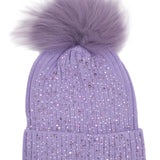 Bari Lynn Fully Crystalized Hat With Fur Pom- Lavender