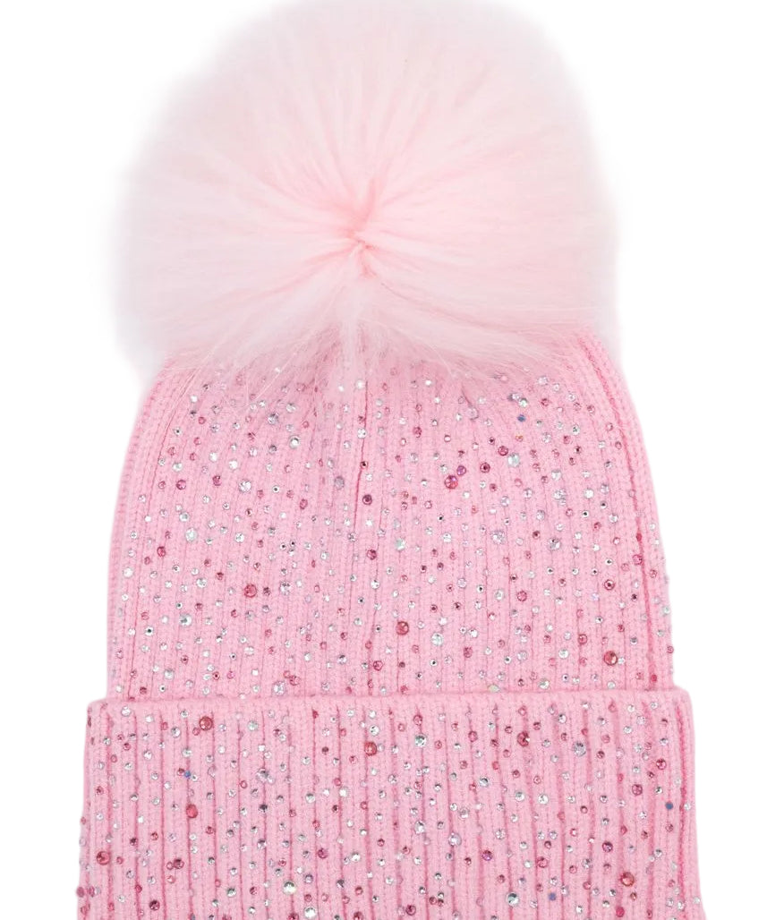 Bari Lynn Fully Crystalized Hat With Fur Pom- Pink