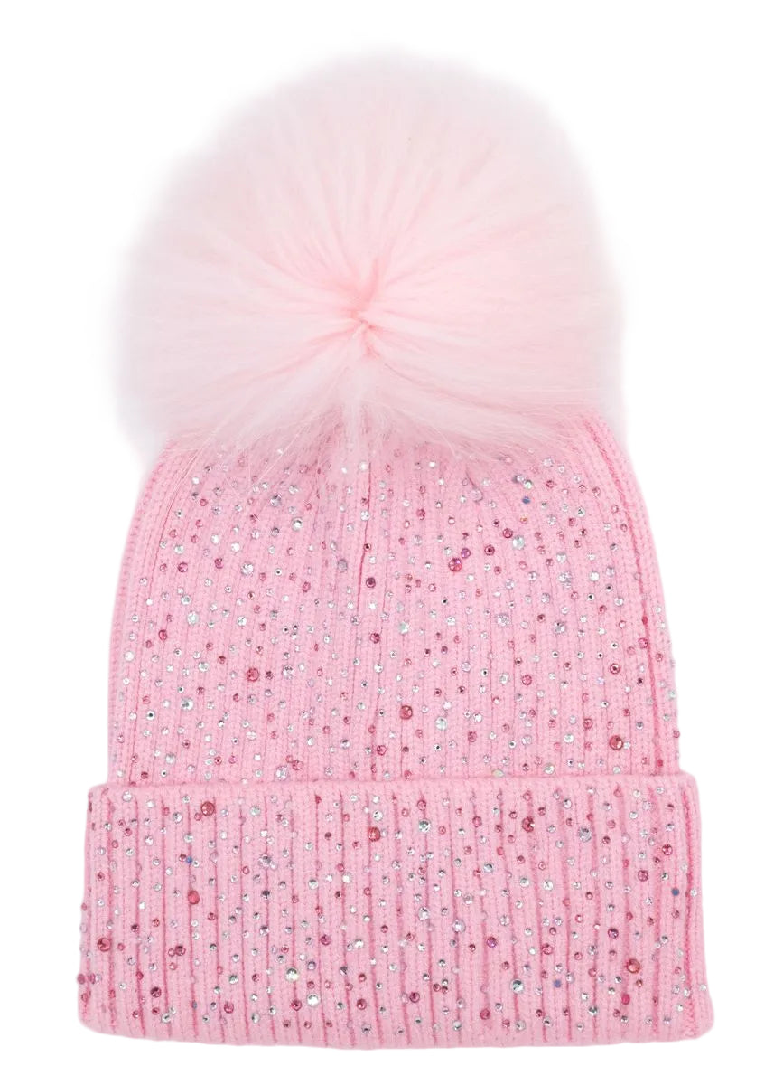 Bari Lynn Fully Crystalized Hat With Fur Pom- Pink